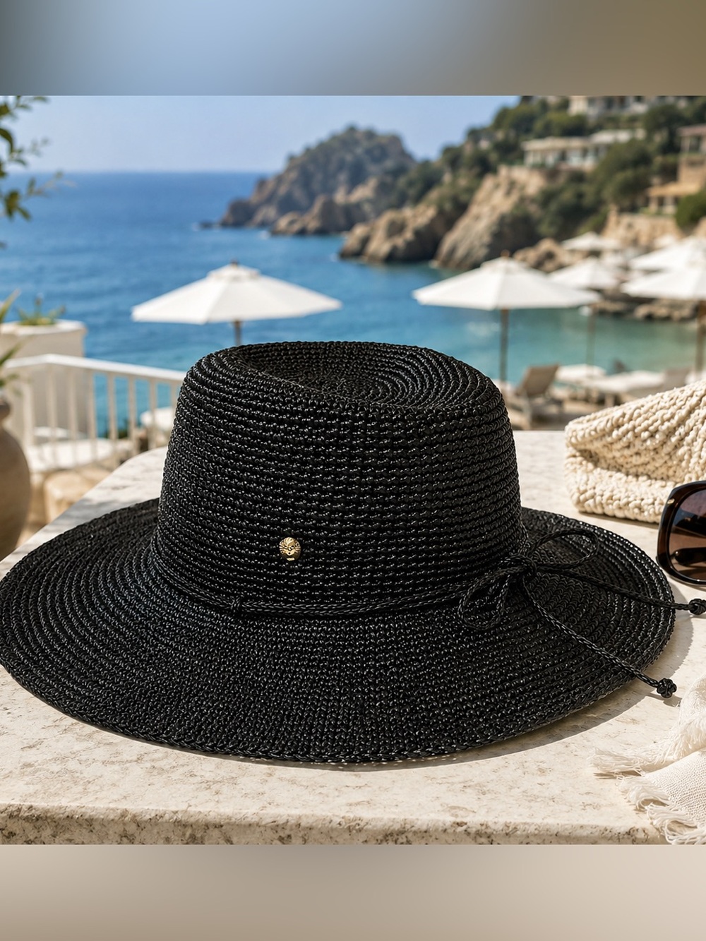 Helen Kaminski Black Raffia Wide Brim Sun Hat Made in Sri Lanka
